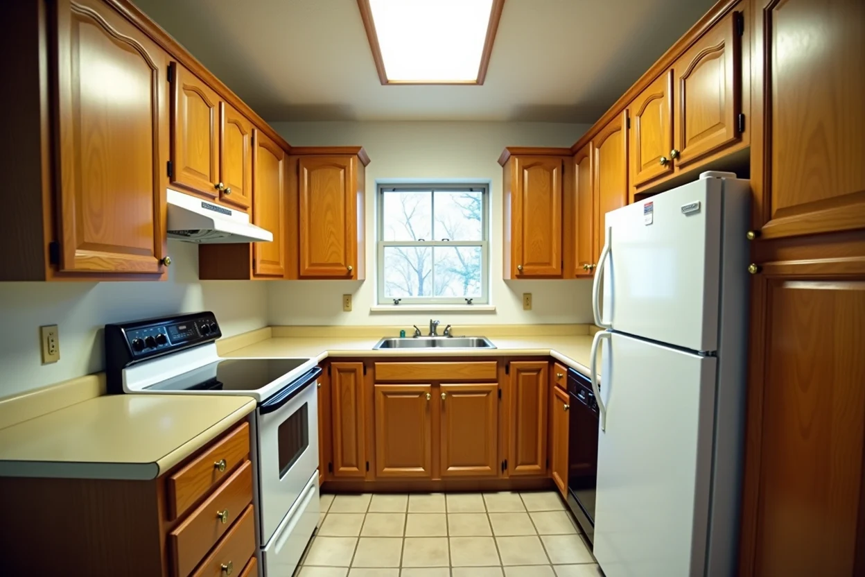 Dated kitchen with honey oak raised-panel cabinets, beige laminate counters, a white range and a fluorescent ceiling panel.