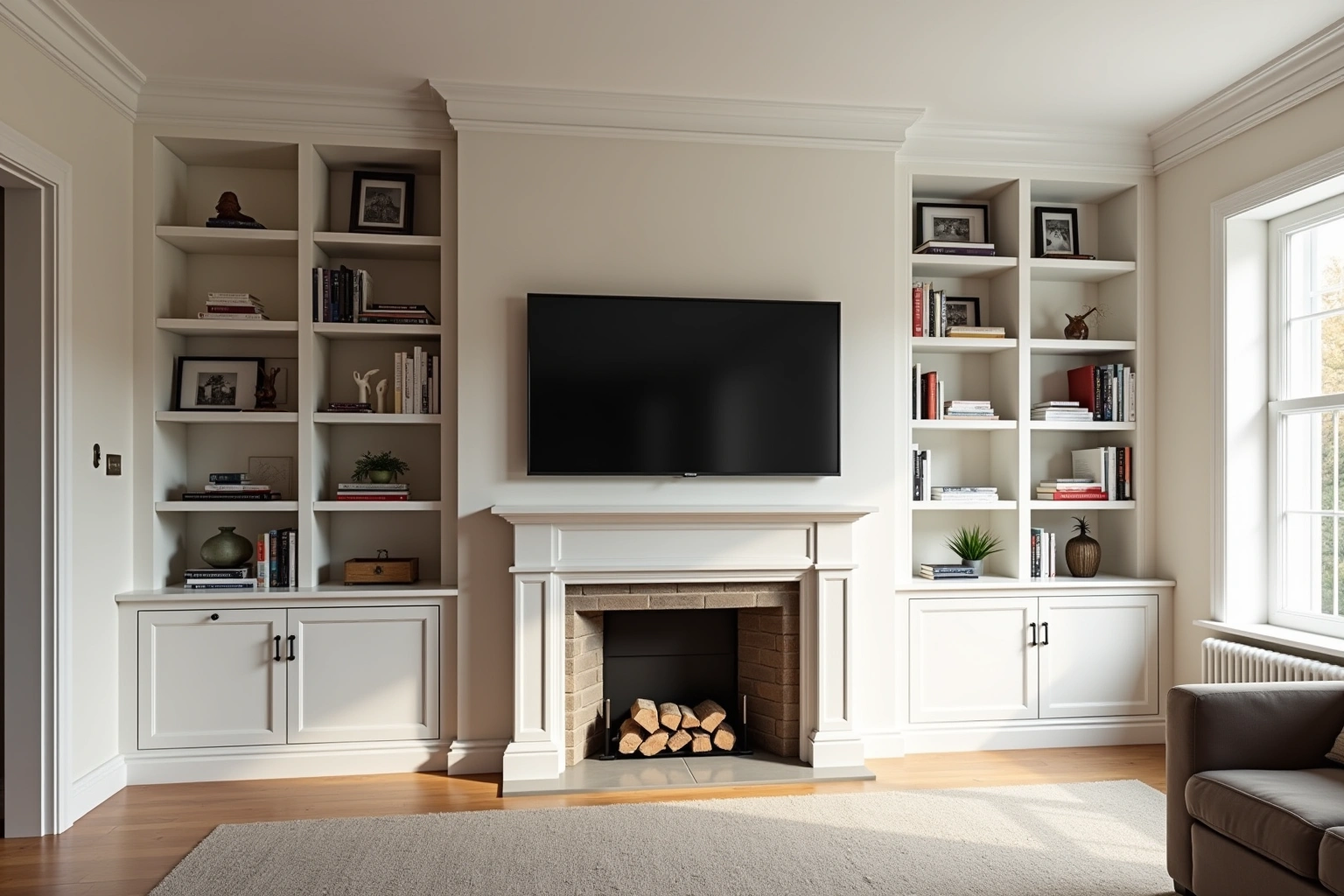 Warm white built-in bookcases and base cabinets flanking a brick fireplace with a television above the mantel.