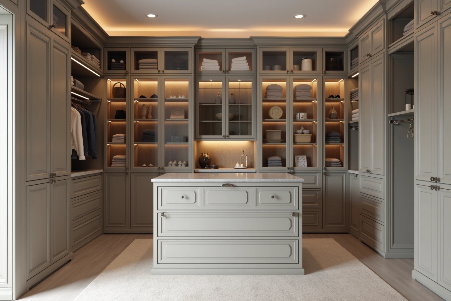 Walk-in closet with taupe fitted cabinetry, glass-front uppers, lit shelves and a central island of drawers.